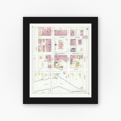 Old map wall art mockup — black gallery frame with white mat — Sanborn Fire Insurance Map from Pontiac, Livingston County, Illinois (1910), Sheet #0003