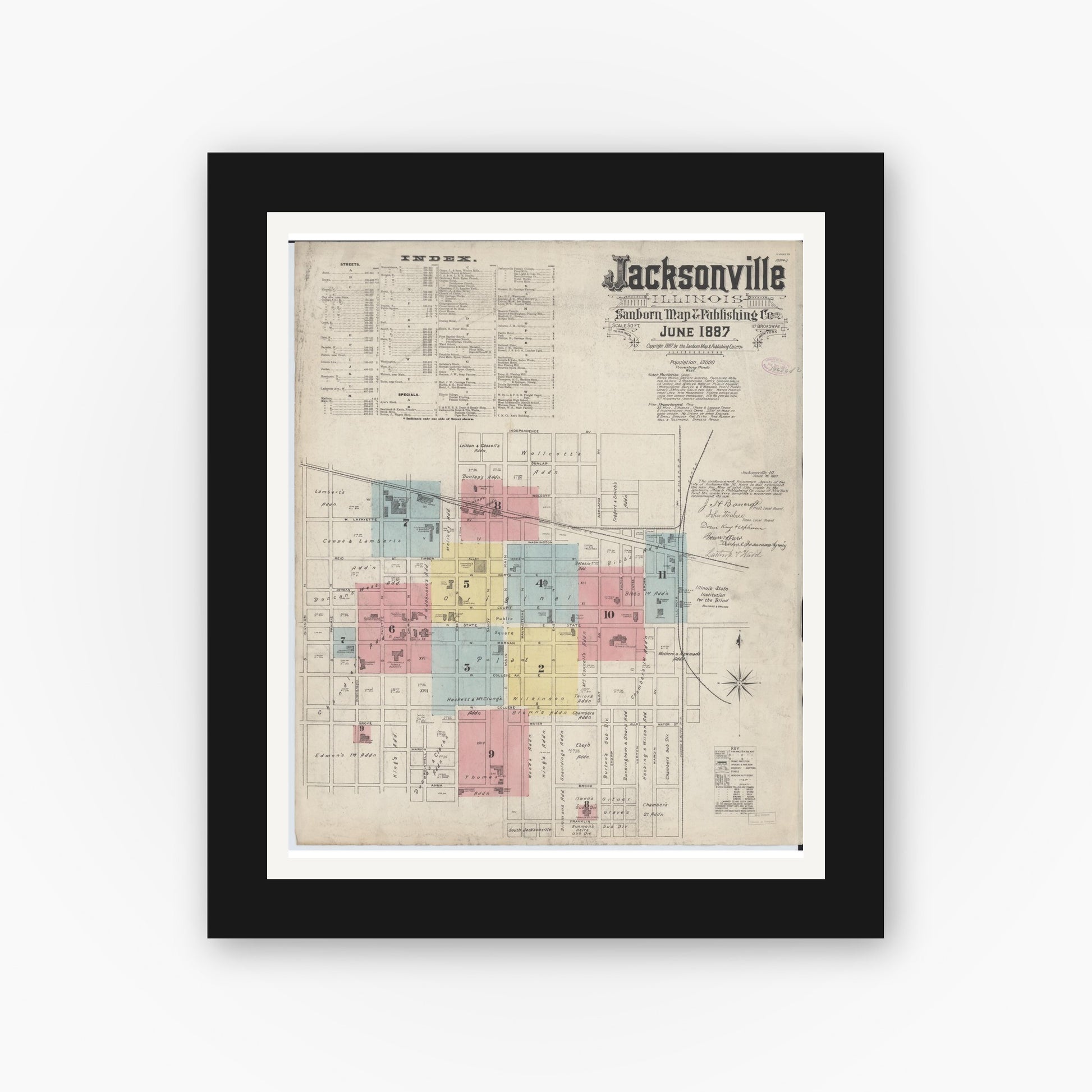 Old map wall art mockup — black gallery frame with white mat — Sanborn Fire Insurance Map from Jacksonville, Morgan County, Illinois (1887), Sheet #0001