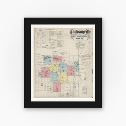 Old map wall art mockup — black gallery frame with white mat — Sanborn Fire Insurance Map from Jacksonville, Morgan County, Illinois (1887), Sheet #0001