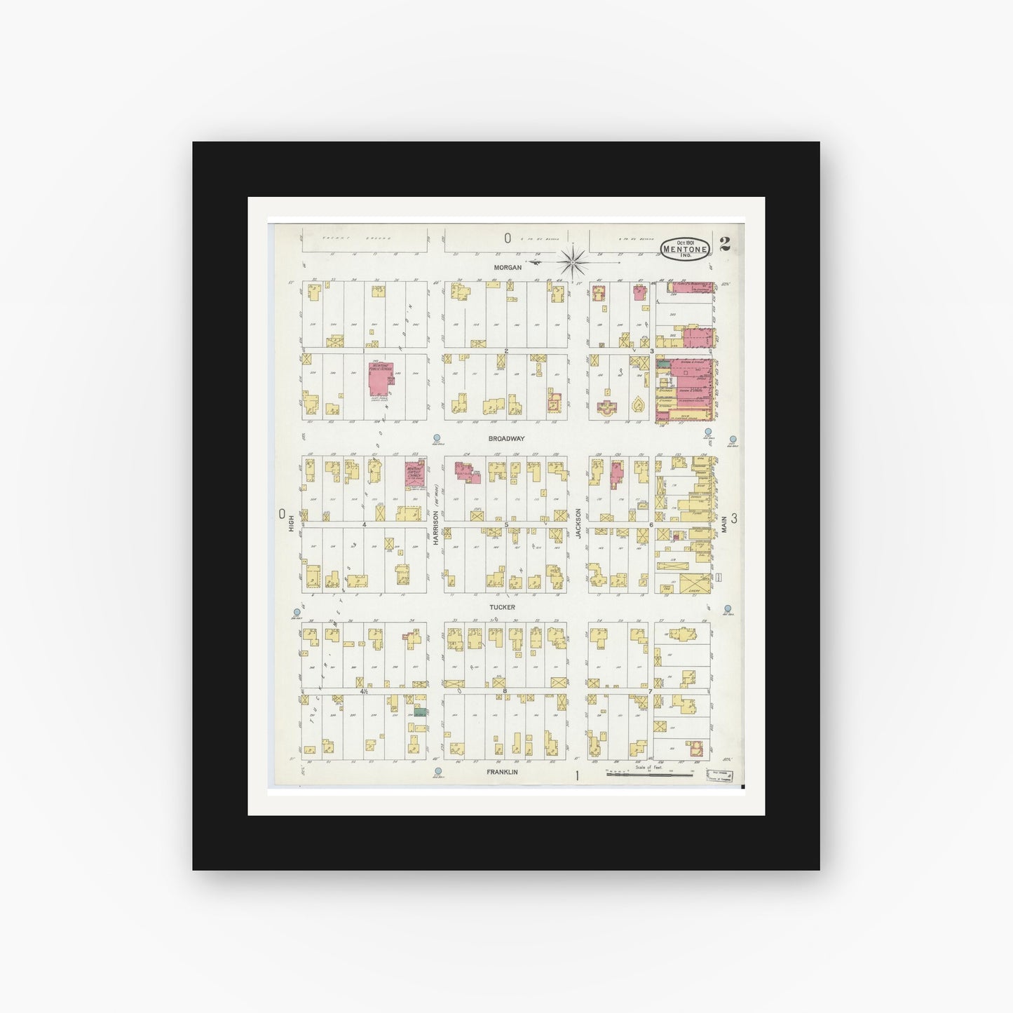 Old map wall art mockup — black gallery frame with white mat — Sanborn Fire Insurance Map from Mentone, Kosciusko County, Indiana (1901), Sheet #0002