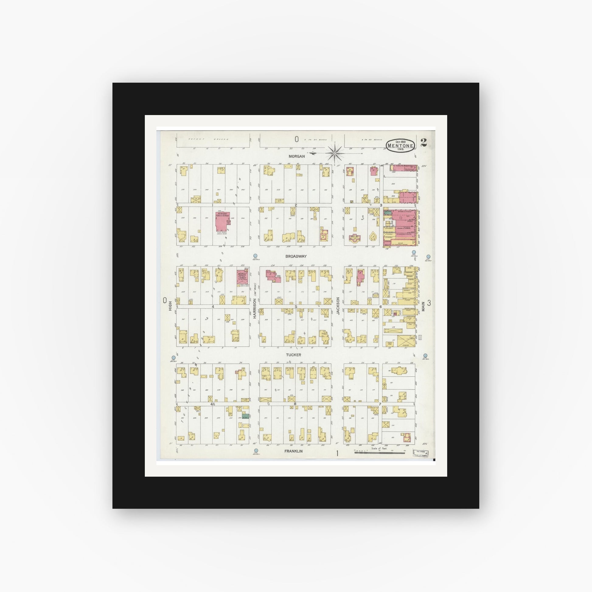 Old map wall art mockup — black gallery frame with white mat — Sanborn Fire Insurance Map from Mentone, Kosciusko County, Indiana (1901), Sheet #0002