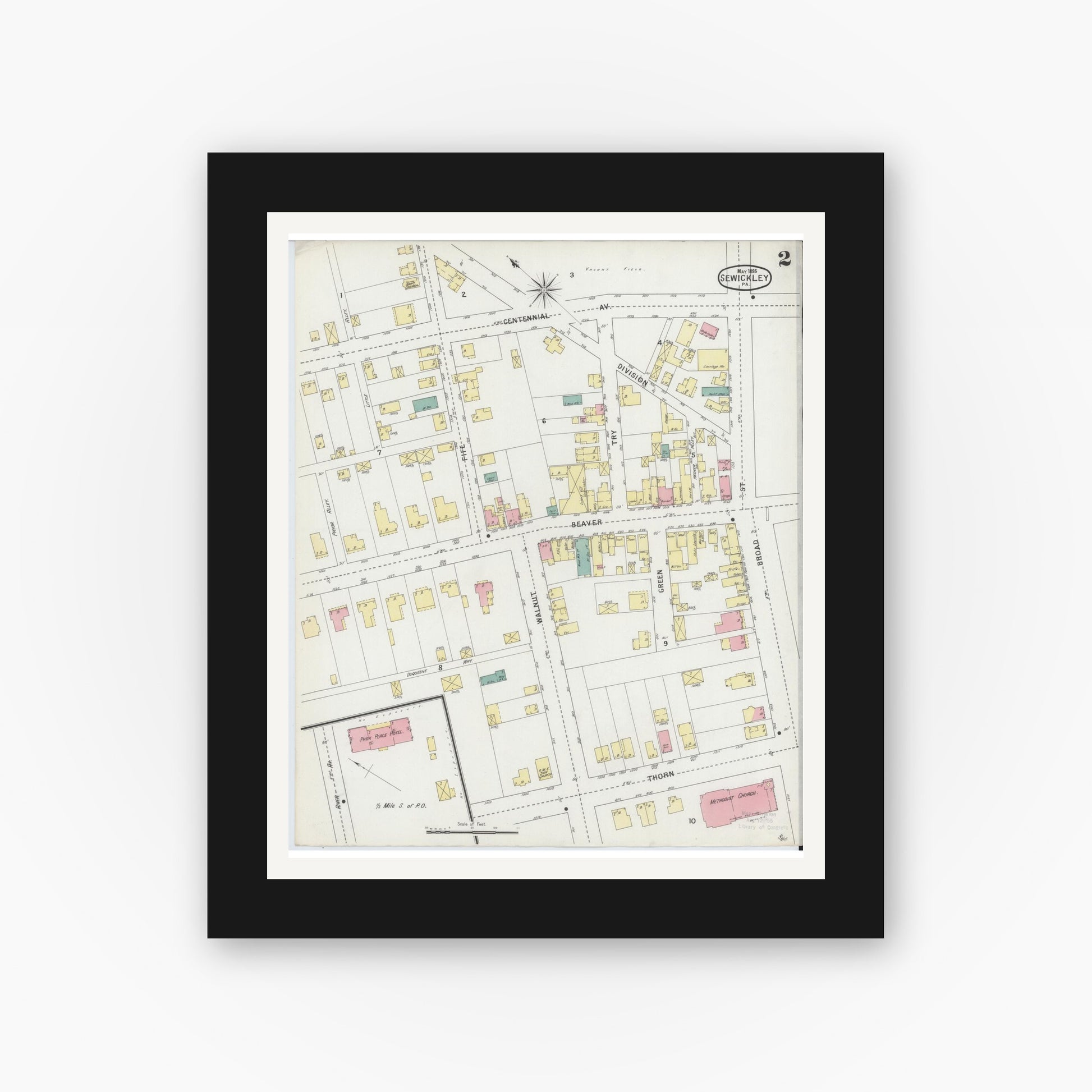 Old map wall art mockup — black gallery frame with white mat — Sanborn Fire Insurance Map from Sewickley, Allegheny County, Pennsylvania (1895), Sheet #0002