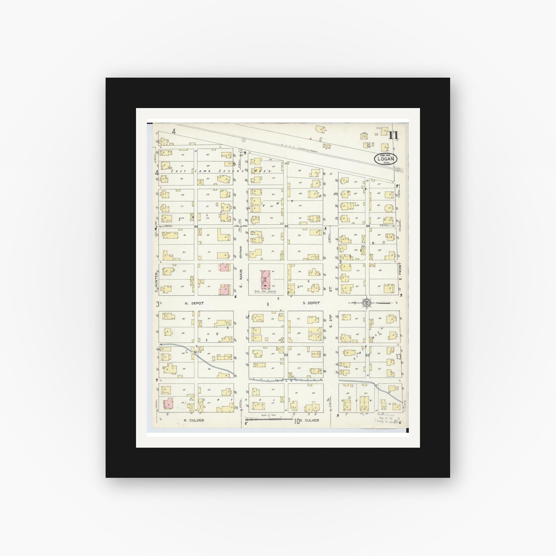 Old map wall art mockup — black gallery frame with white mat — Sanborn Fire Insurance Map from Logan, Hocking County, Ohio (1914), Sheet #0011