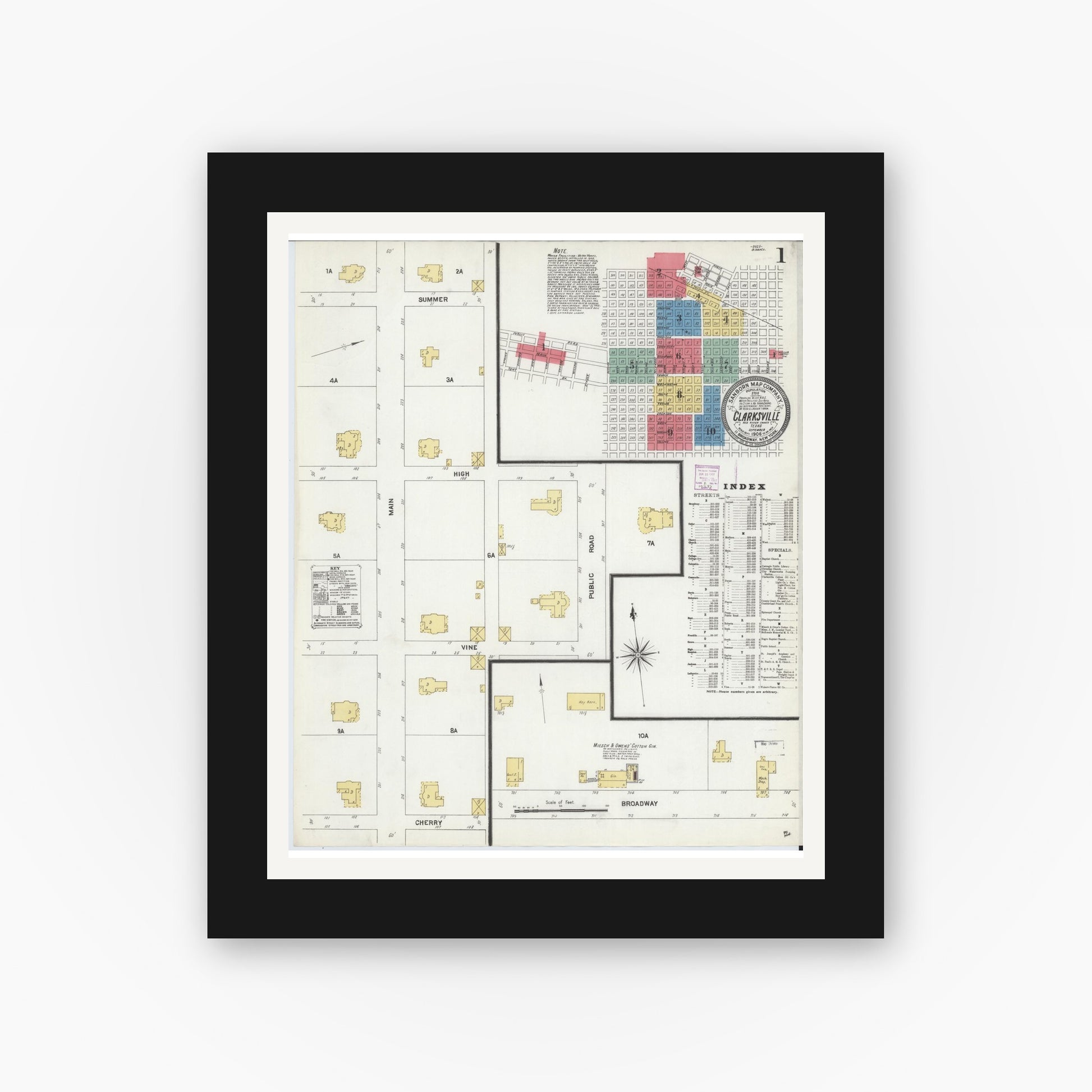 Old map wall art mockup — black gallery frame with white mat — Sanborn Fire Insurance Map from Clarksville, Red River County, Texas (1906) - Complete Map Set
