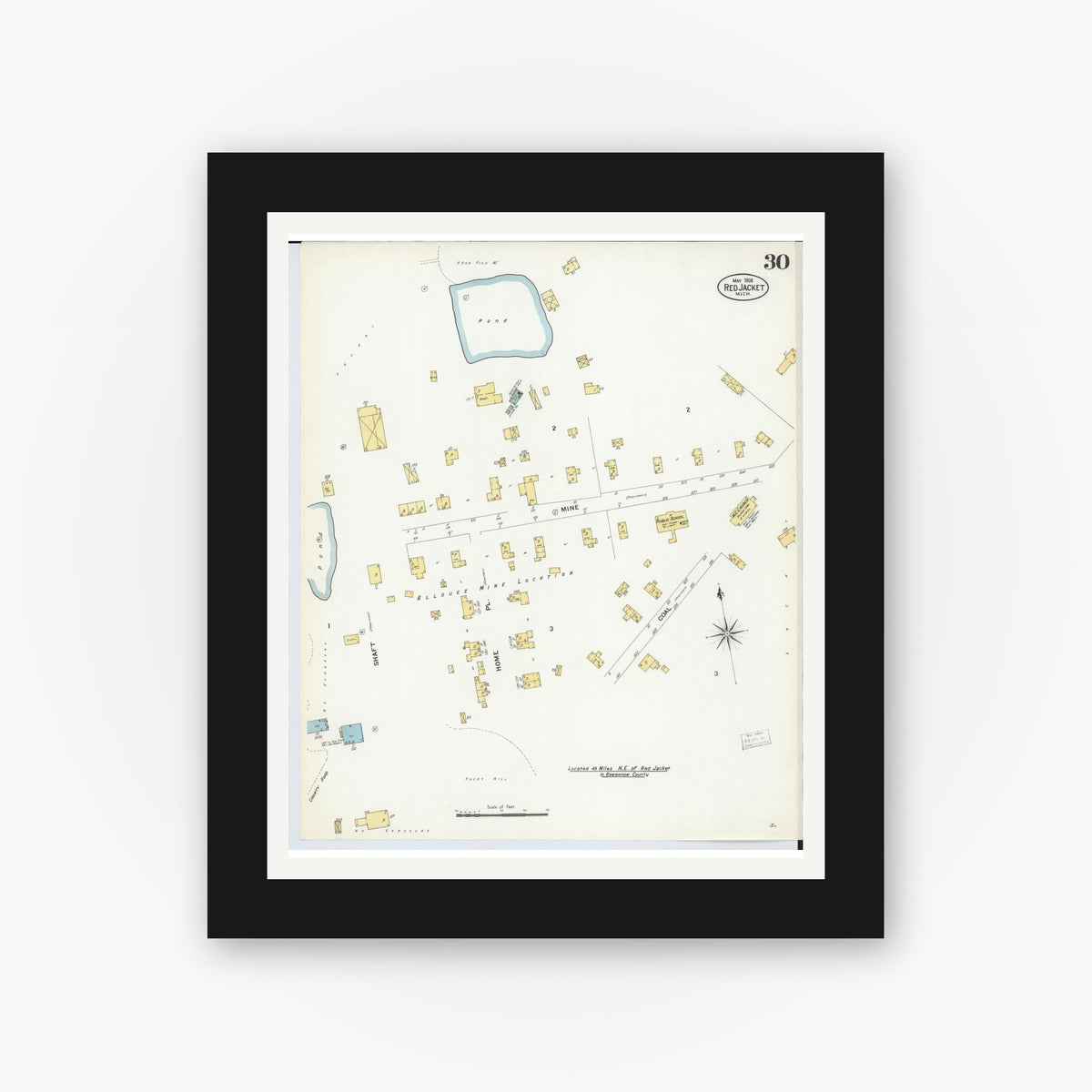 Old map wall art mockup — black gallery frame with white mat — Sanborn Fire Insurance Map from Red Jacket, Houghton County, Michigan (1908), Sheet #0030