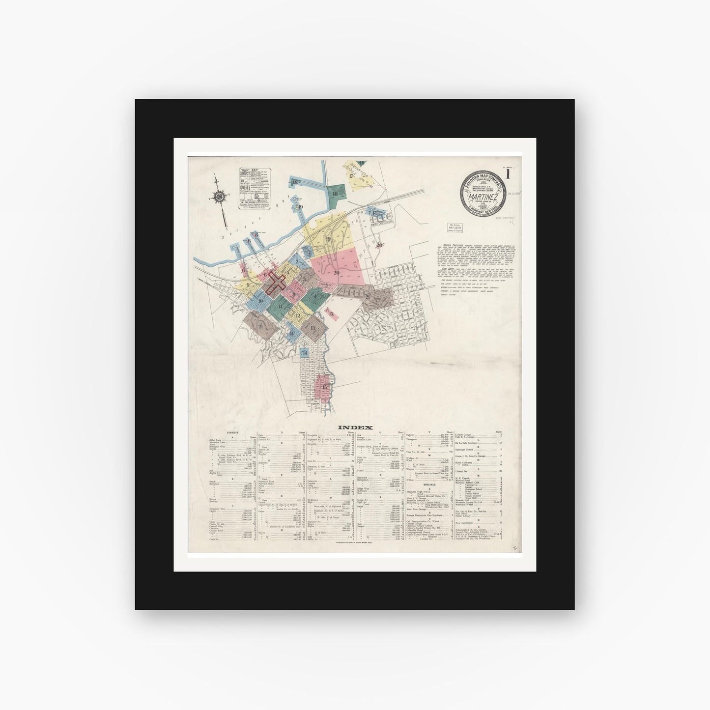 Old map wall art mockup — black gallery frame with white mat — Sanborn Fire Insurance Map from Martinez, Contra Costa County, California (1920) - Complete Map Set