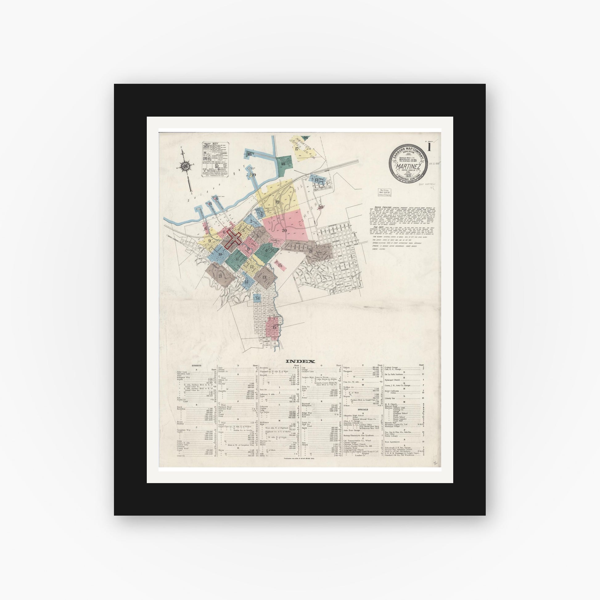 Old map wall art mockup — black gallery frame with white mat — Sanborn Fire Insurance Map from Martinez, Contra Costa County, California (1920) - Complete Map Set