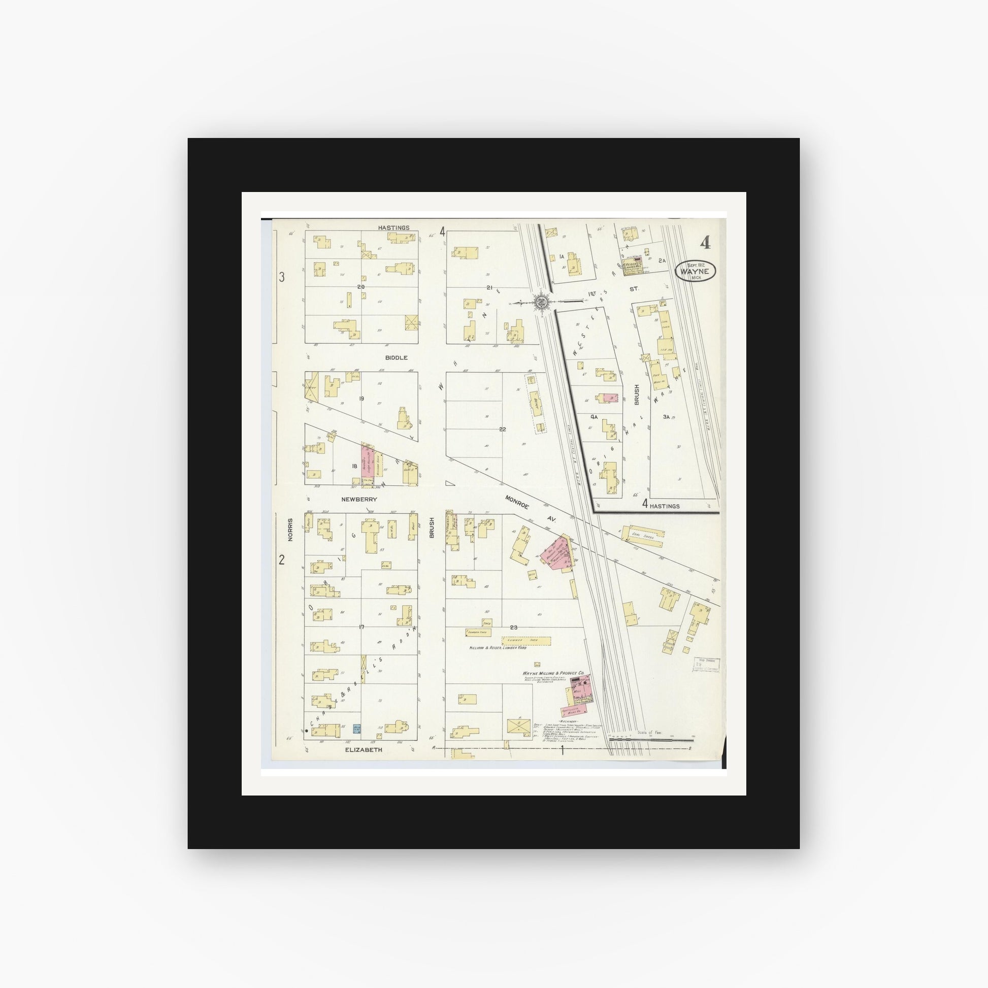 Old map wall art mockup — black gallery frame with white mat — Sanborn Fire Insurance Map from Wayne, Wayne County, Michigan (1912), Sheet #0004