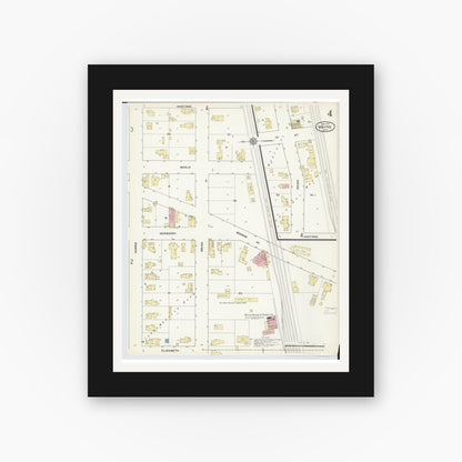 Old map wall art mockup — black gallery frame with white mat — Sanborn Fire Insurance Map from Wayne, Wayne County, Michigan (1912), Sheet #0004