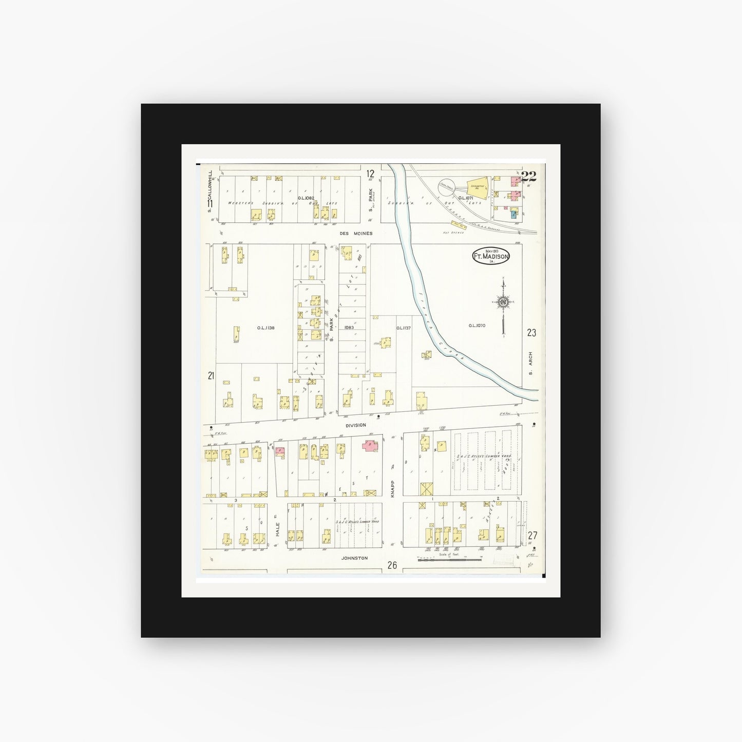 Old map wall art mockup — black gallery frame with white mat — Sanborn Fire Insurance Map from Fort Madison, Lee County, Iowa (1913), Sheet #0022