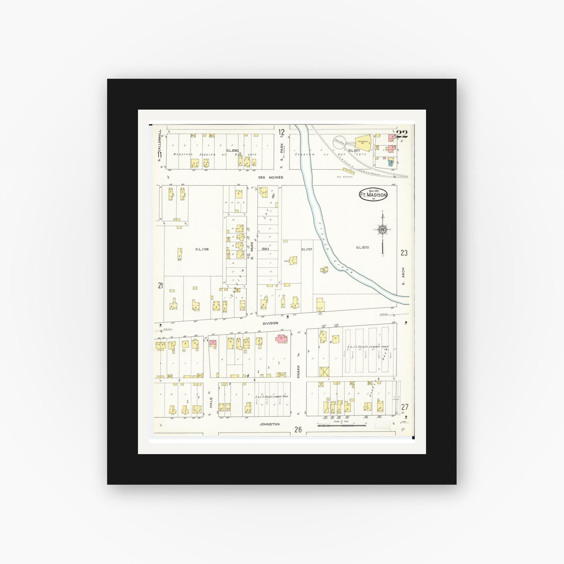 Old map wall art mockup — black gallery frame with white mat — Sanborn Fire Insurance Map from Fort Madison, Lee County, Iowa (1913), Sheet #0022
