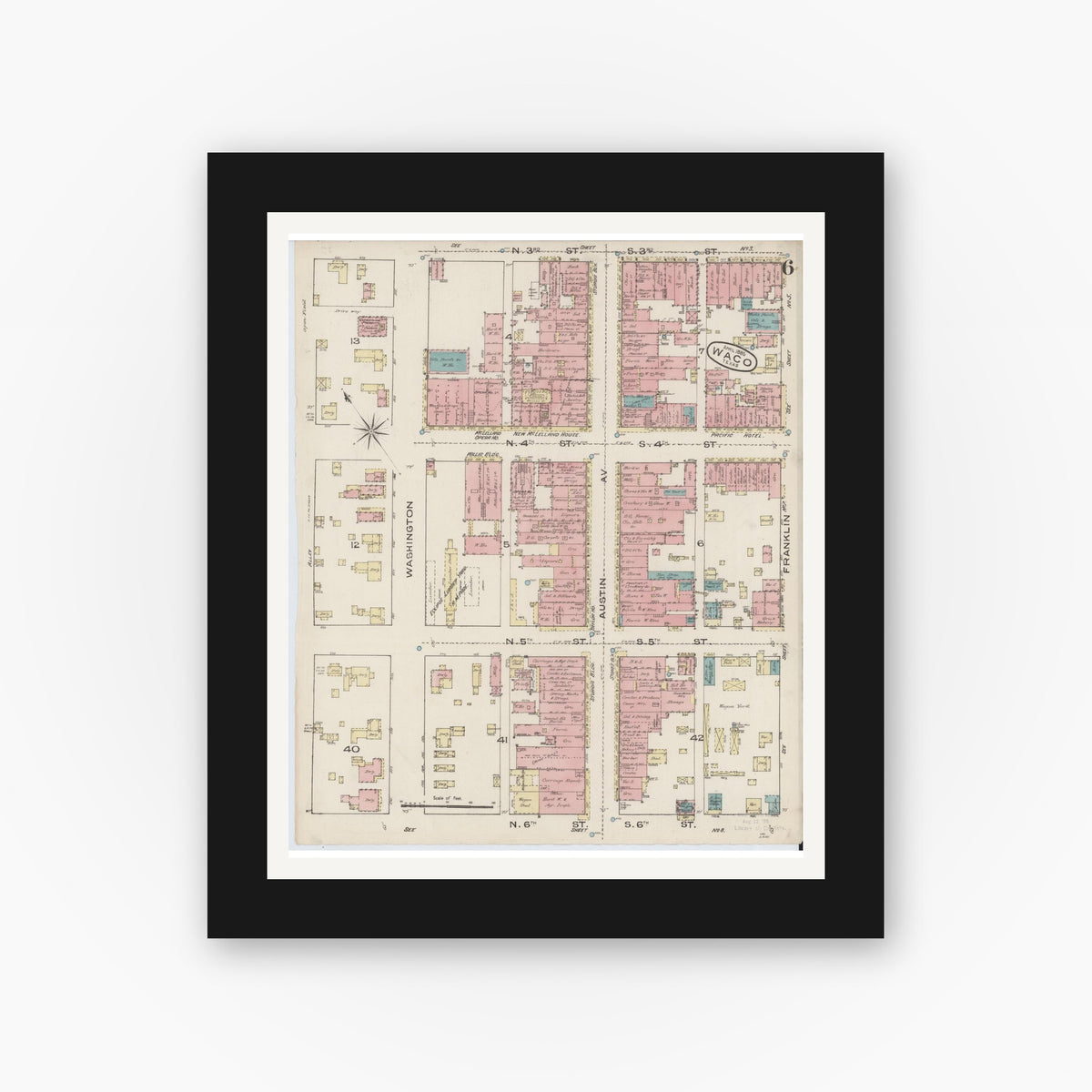 Old map wall art mockup — black gallery frame with white mat — Sanborn Fire Insurance Map from Waco, McLennan County, Texas (1885), Sheet #0006