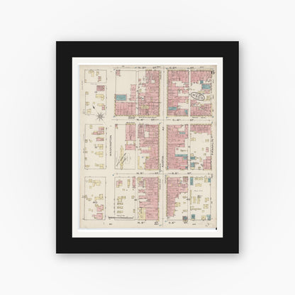 Old map wall art mockup — black gallery frame with white mat — Sanborn Fire Insurance Map from Waco, McLennan County, Texas (1885), Sheet #0006