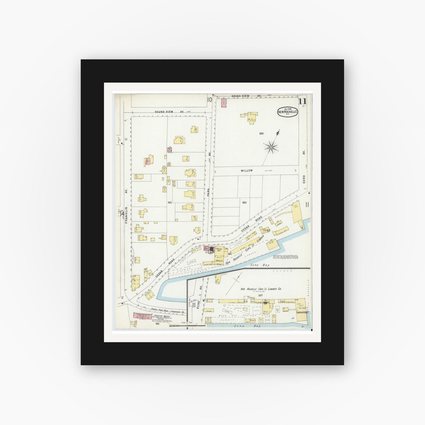 Old map wall art mockup — black gallery frame with white mat — Sanborn Fire Insurance Map from New Rochelle, Westchester County, New York (1896), Sheet #0011