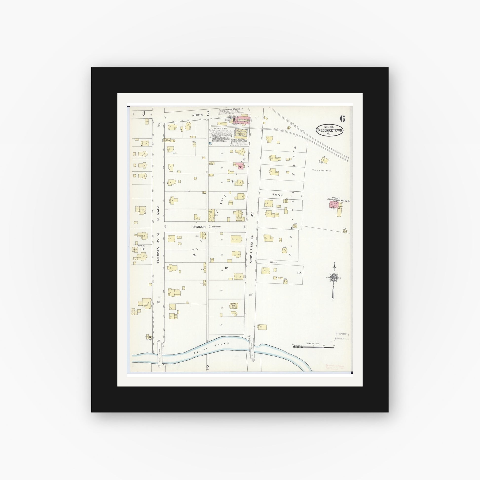 Old map wall art mockup — black gallery frame with white mat — Sanborn Fire Insurance Map from Fredericktown, Madison County, Missouri (1914), Sheet #0006