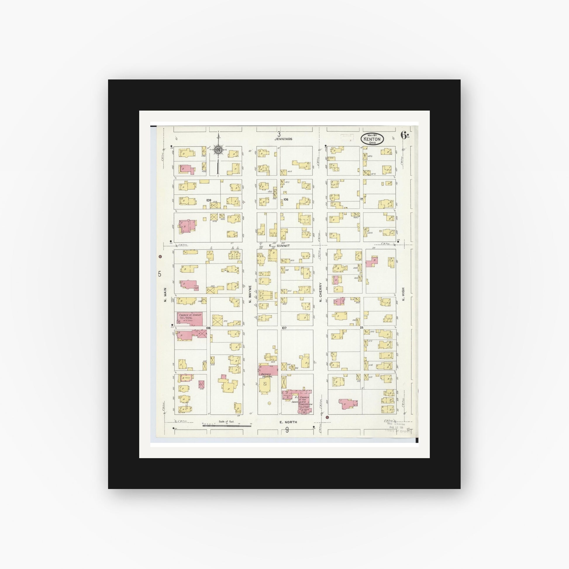 Old map wall art mockup — black gallery frame with white mat — Sanborn Fire Insurance Map from Kenton, Hardin County, Ohio (1911), Sheet #0006