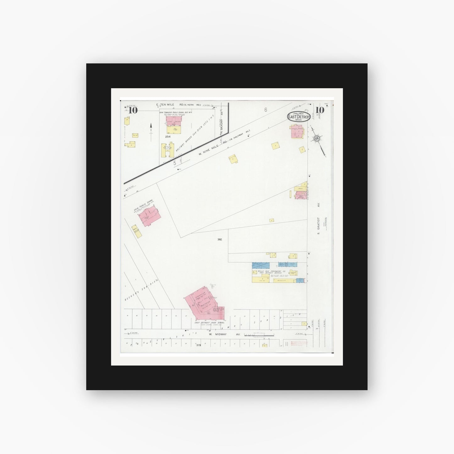Old map wall art mockup — black gallery frame with white mat — Sanborn Fire Insurance Map from East Detroit, Macomb County, Michigan (1931), Sheet #0010