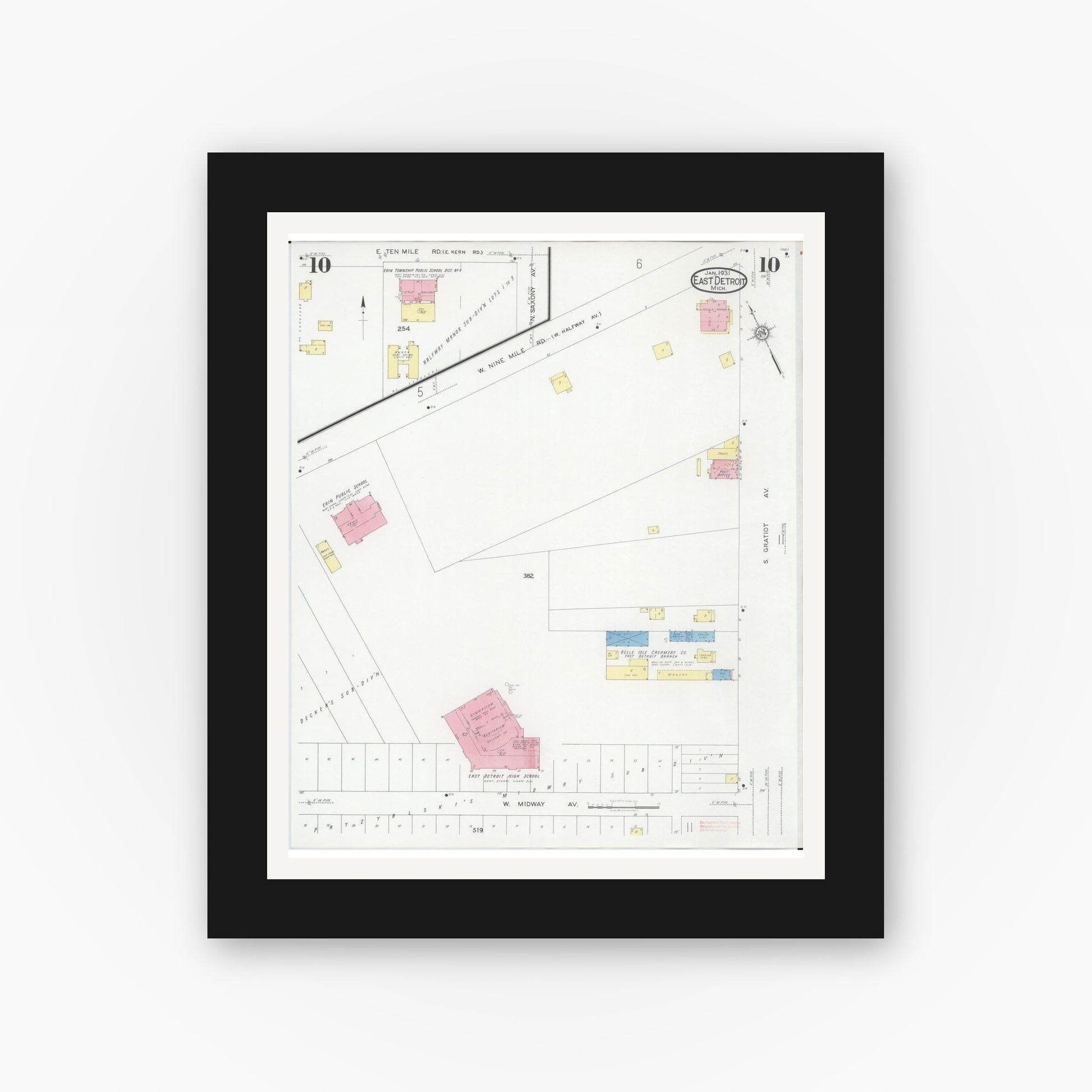 Old map wall art mockup — black gallery frame with white mat — Sanborn Fire Insurance Map from East Detroit, Macomb County, Michigan (1931), Sheet #0010