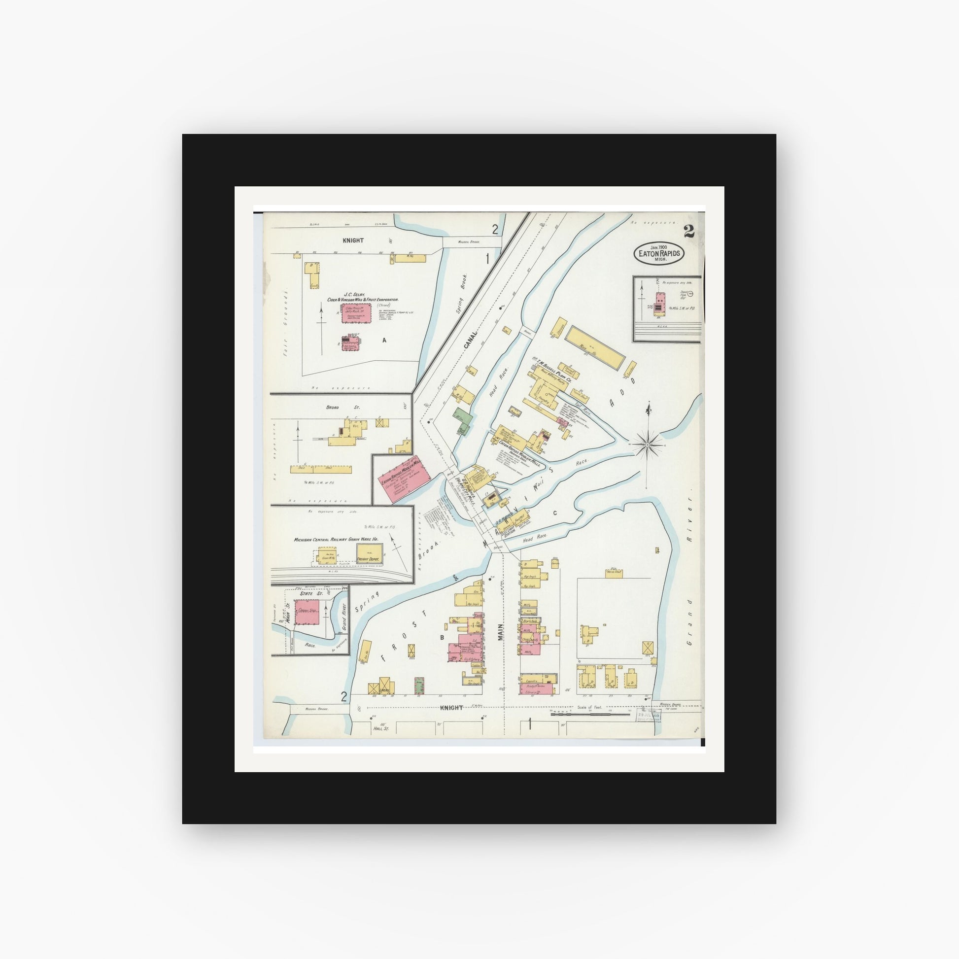 Old map wall art mockup — black gallery frame with white mat — Sanborn Fire Insurance Map from Eaton Rapids, Eaton County, Michigan (1900), Sheet #0002
