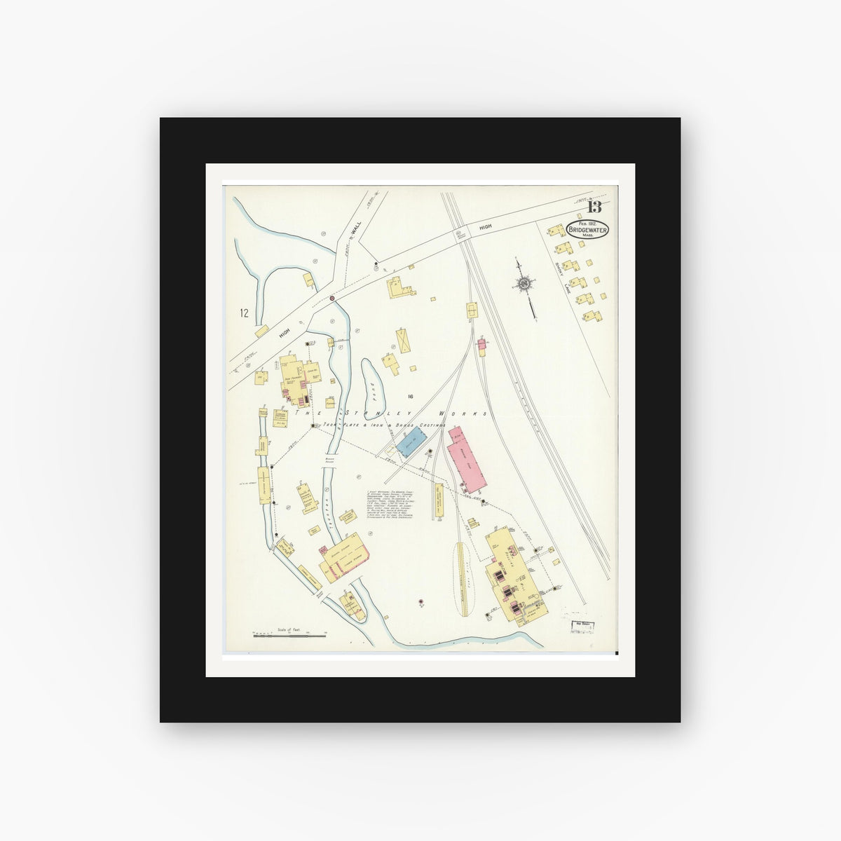 Old map wall art mockup — black gallery frame with white mat — Sanborn Fire Insurance Map from Bridgewater, Plymouth County, Massachusetts (1912), Sheet #0013