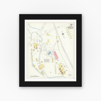 Old map wall art mockup — black gallery frame with white mat — Sanborn Fire Insurance Map from Bridgewater, Plymouth County, Massachusetts (1912), Sheet #0013