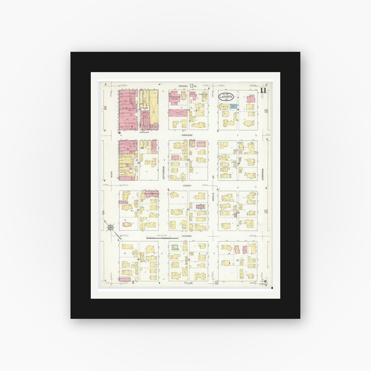 Old map wall art mockup — black gallery frame with white mat — Sanborn Fire Insurance Map from La Porte, La Porte County, Indiana (1912), Sheet #0011