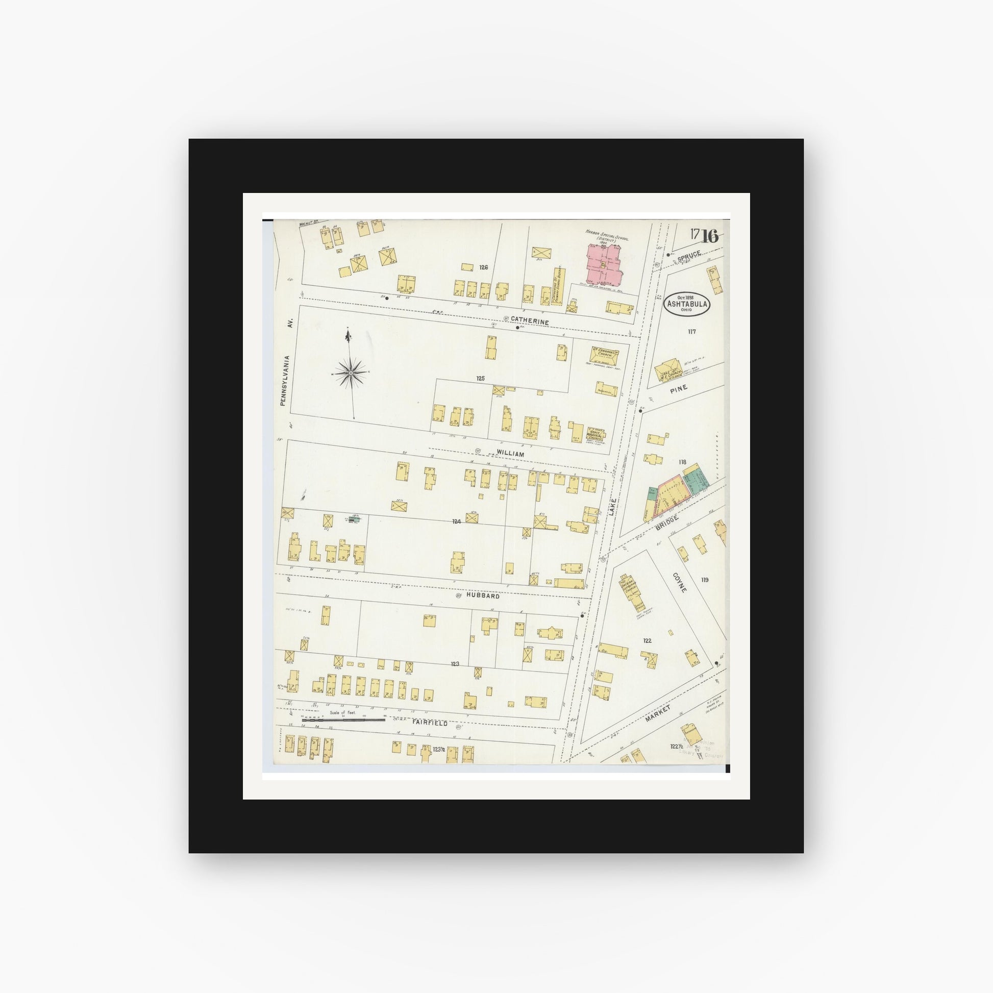 Old map wall art mockup — black gallery frame with white mat — Sanborn Fire Insurance Map from Ashtabula, Ashtabula County, Ohio (1898), Sheet #0016