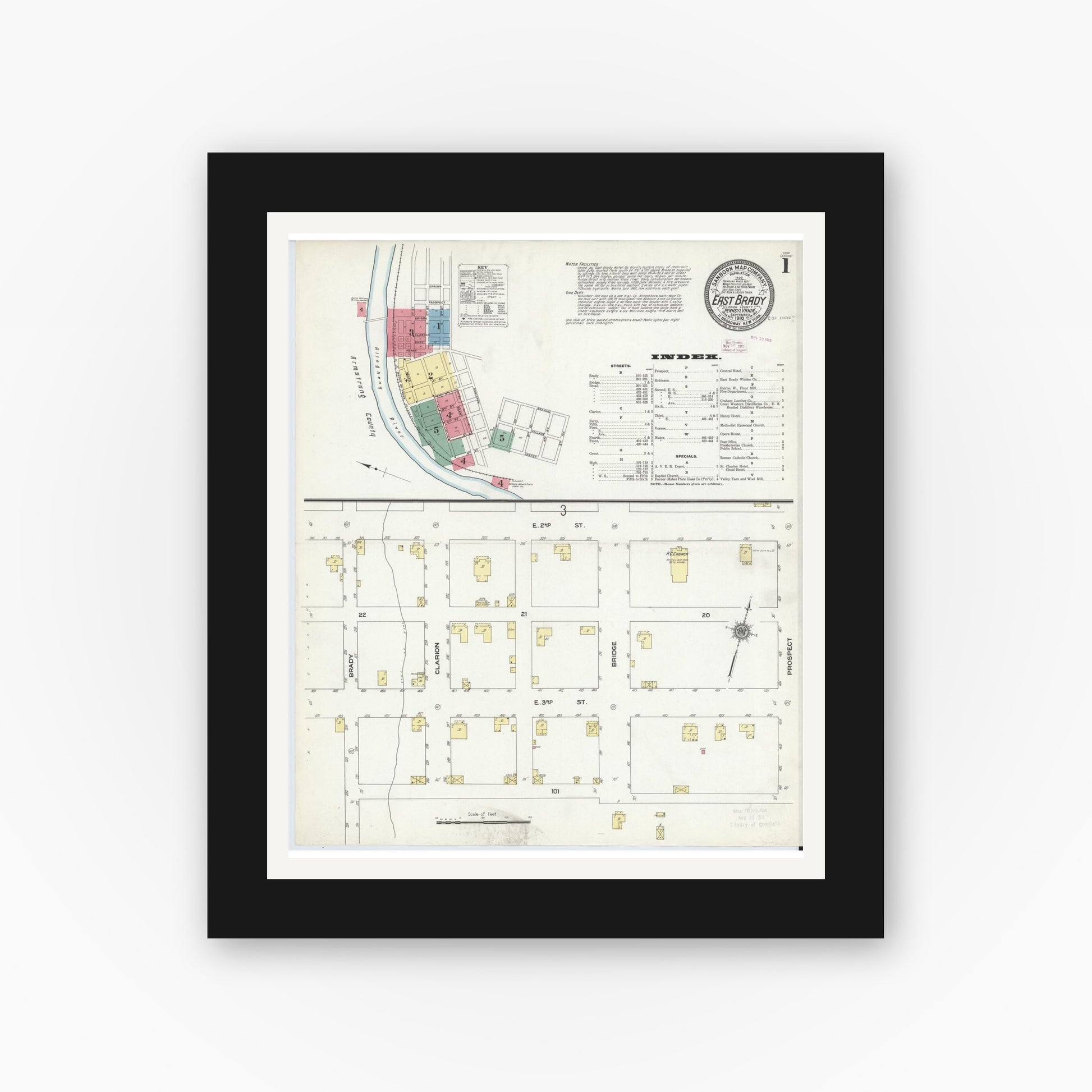 Old map wall art mockup — black gallery frame with white mat — Sanborn Fire Insurance Map from East Brady, Clarion County, Pennsylvania (1910), Sheet #0001