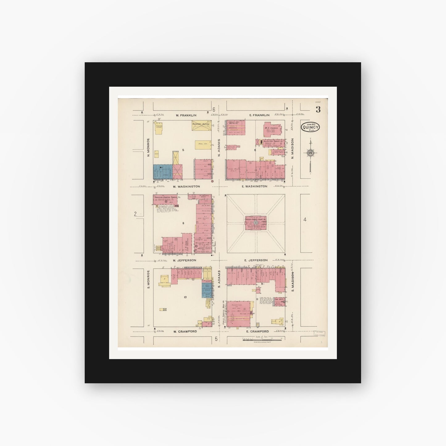 Old map wall art mockup — black gallery frame with white mat — Sanborn Fire Insurance Map from Quincy, Gadsden County, Florida (1922), Sheet #0003