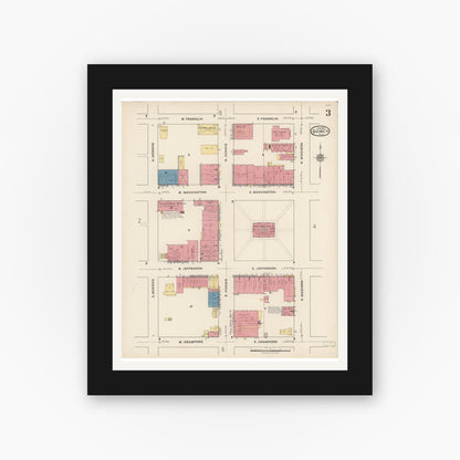 Old map wall art mockup — black gallery frame with white mat — Sanborn Fire Insurance Map from Quincy, Gadsden County, Florida (1922), Sheet #0003