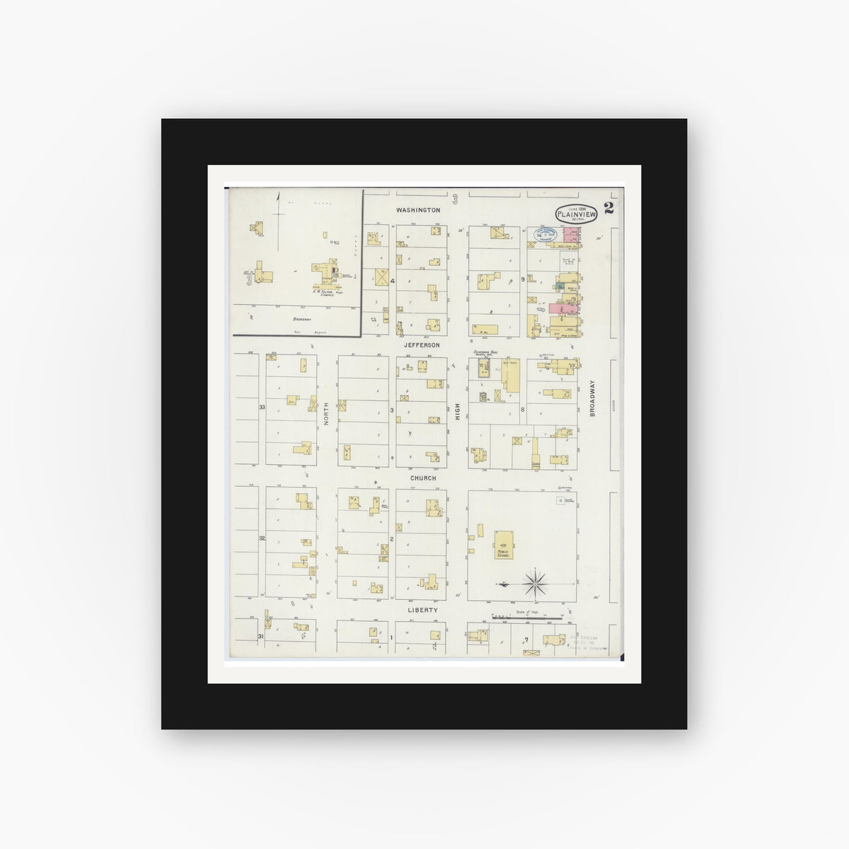 Old map wall art mockup — black gallery frame with white mat — Sanborn Fire Insurance Map from Plainview, Wabasha County, Minnesota (1894), Sheet #0002