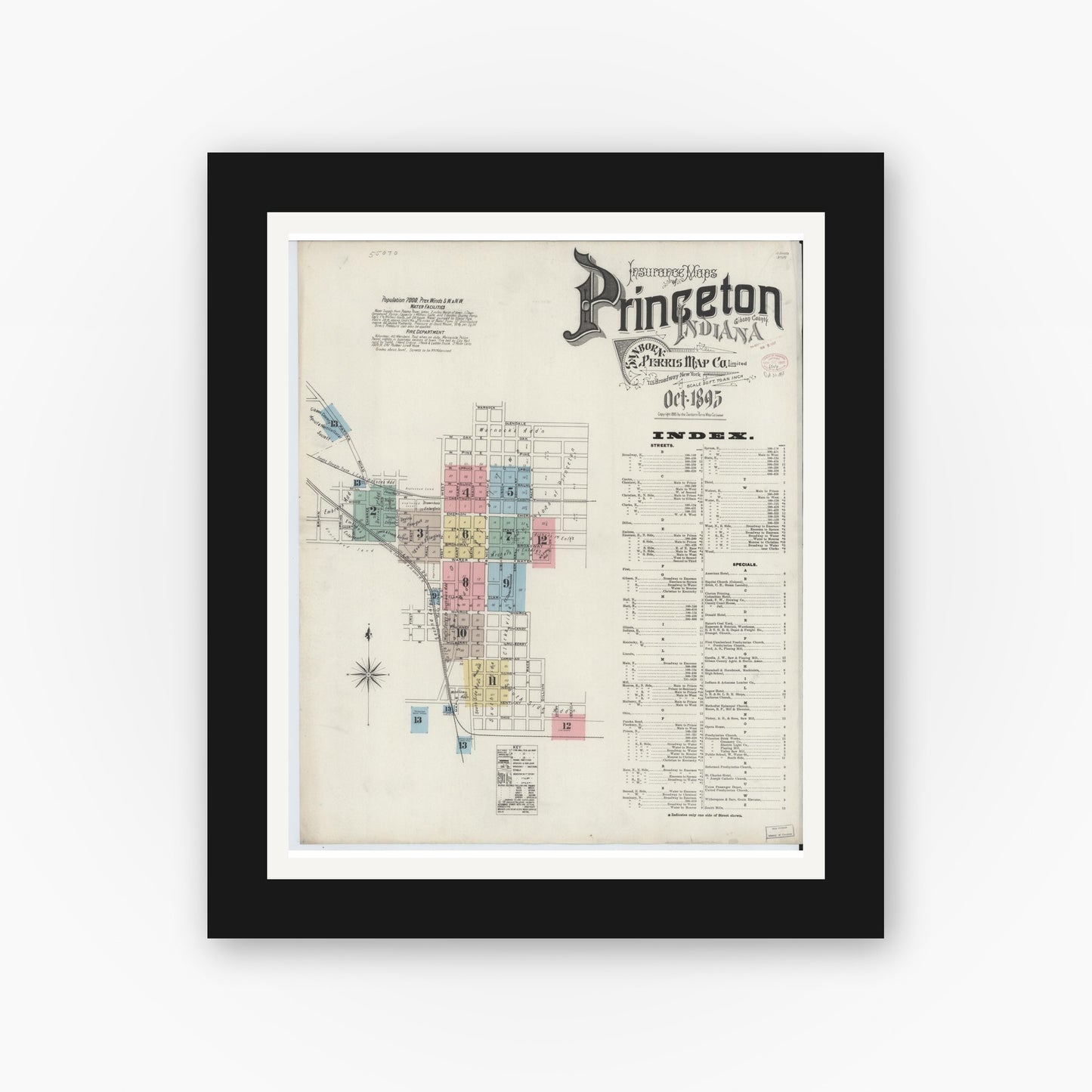 Old map wall art mockup — black gallery frame with white mat — Sanborn Fire Insurance Map from Princeton, Gibson County, Indiana (1895), Sheet #0001