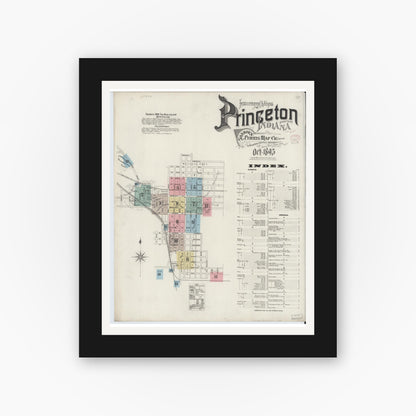 Old map wall art mockup — black gallery frame with white mat — Sanborn Fire Insurance Map from Princeton, Gibson County, Indiana (1895), Sheet #0001