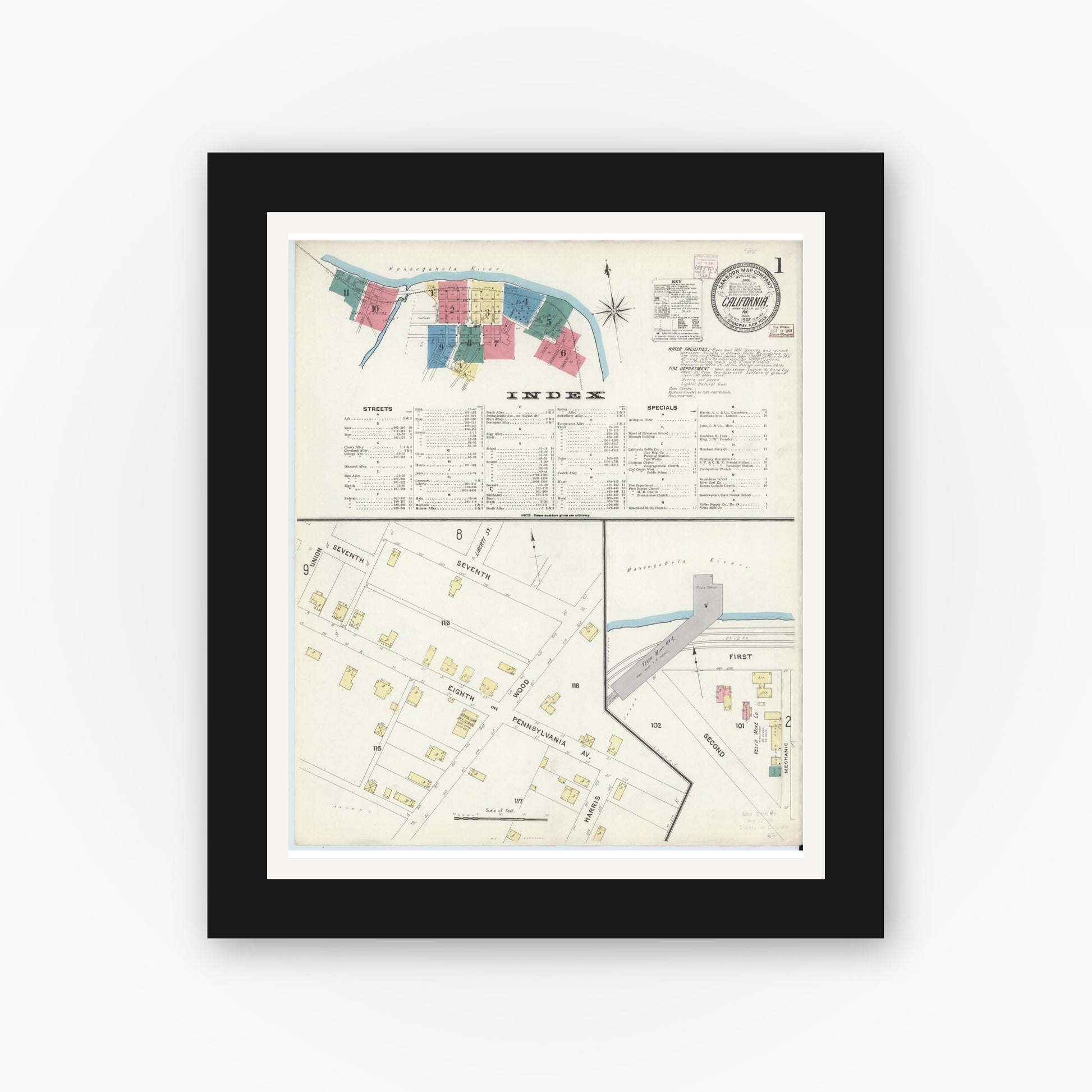 Old map wall art mockup — black gallery frame with white mat — Sanborn Fire Insurance Map from California, Washington County, Pennsylvania (1907) - Complete Map Set