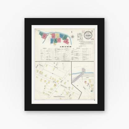 Old map wall art mockup — black gallery frame with white mat — Sanborn Fire Insurance Map from California, Washington County, Pennsylvania (1907) - Complete Map Set
