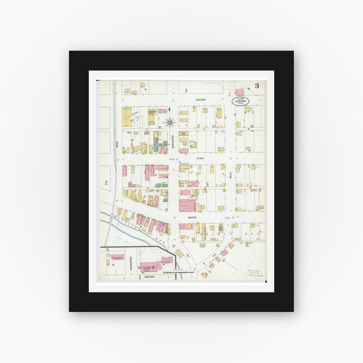 Old map wall art mockup — black gallery frame with white mat — Sanborn Fire Insurance Map from Jordan, Scott County, Minnesota (1899), Sheet #0003
