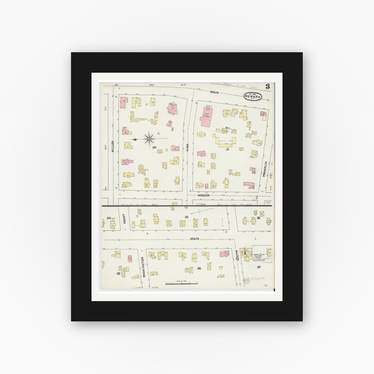 Old map wall art mockup — black gallery frame with white mat — Sanborn Fire Insurance Map from Newark, Wayne County, New York (1890), Sheet #0003