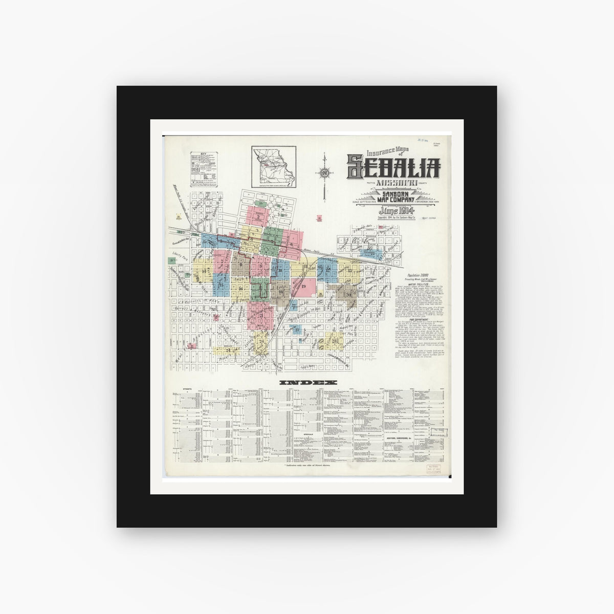 Old map wall art mockup — black gallery frame with white mat — Sanborn Fire Insurance Map from Sedalia, Pettis County, Missouri (1914), Sheet #0001