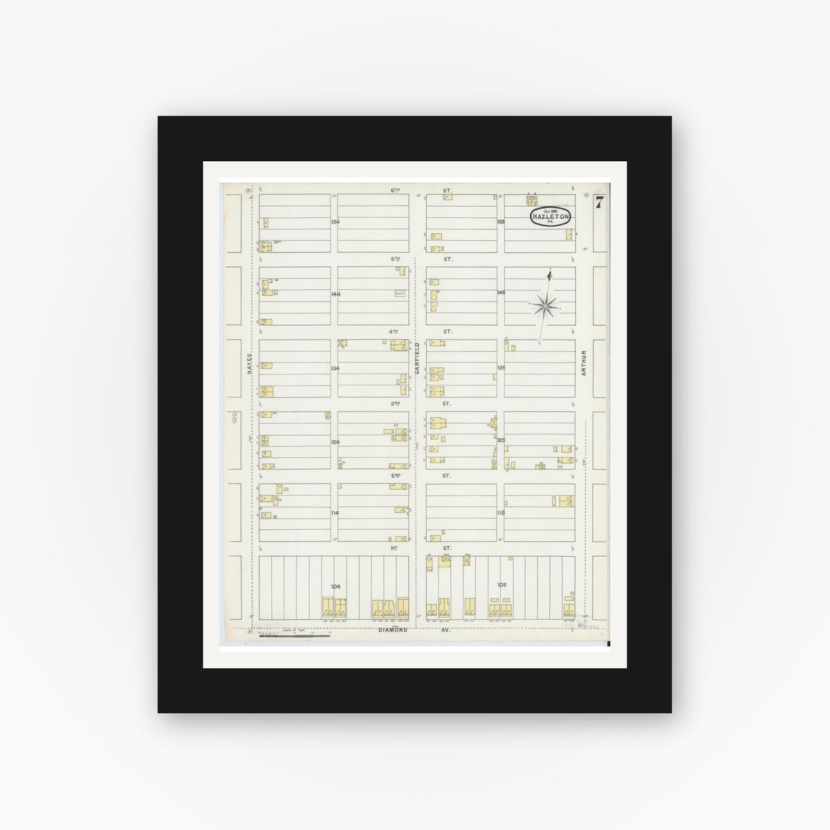 Old map wall art mockup — black gallery frame with white mat — Sanborn Fire Insurance Map from Hazleton, Luzerne County, Pennsylvania (1895), Sheet #0007