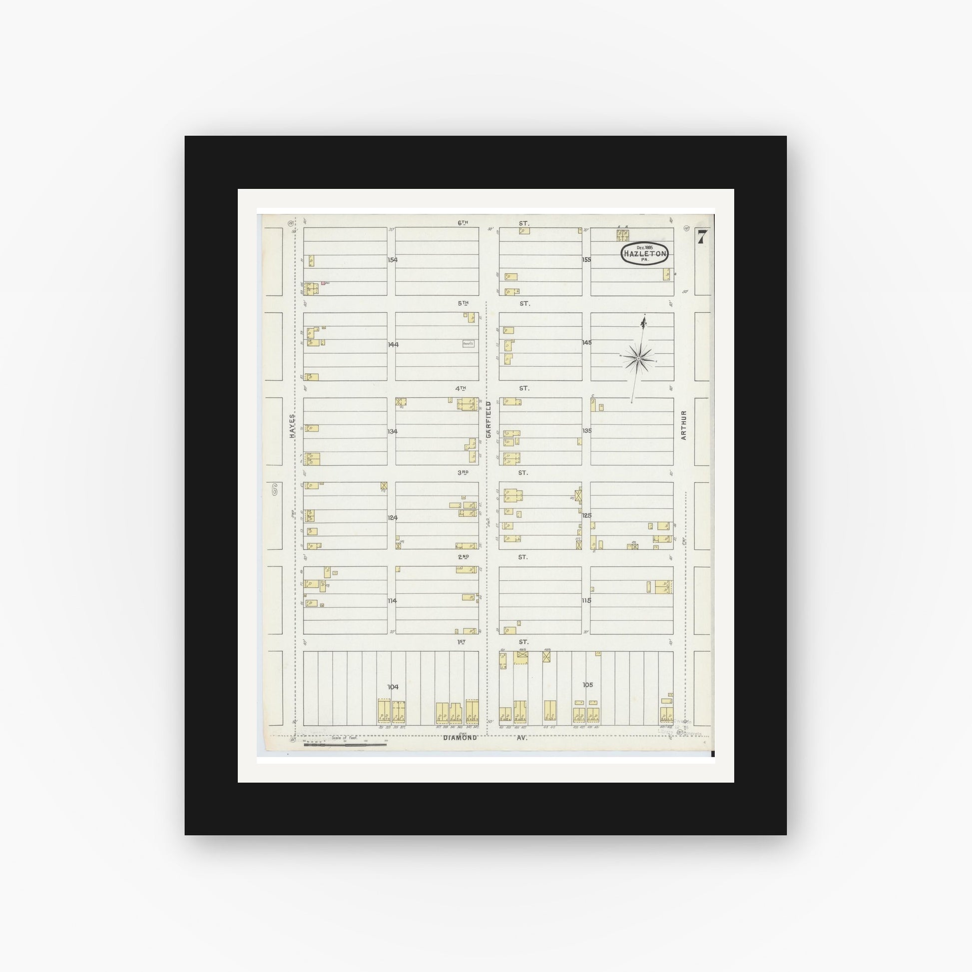 Old map wall art mockup — black gallery frame with white mat — Sanborn Fire Insurance Map from Hazleton, Luzerne County, Pennsylvania (1895), Sheet #0007