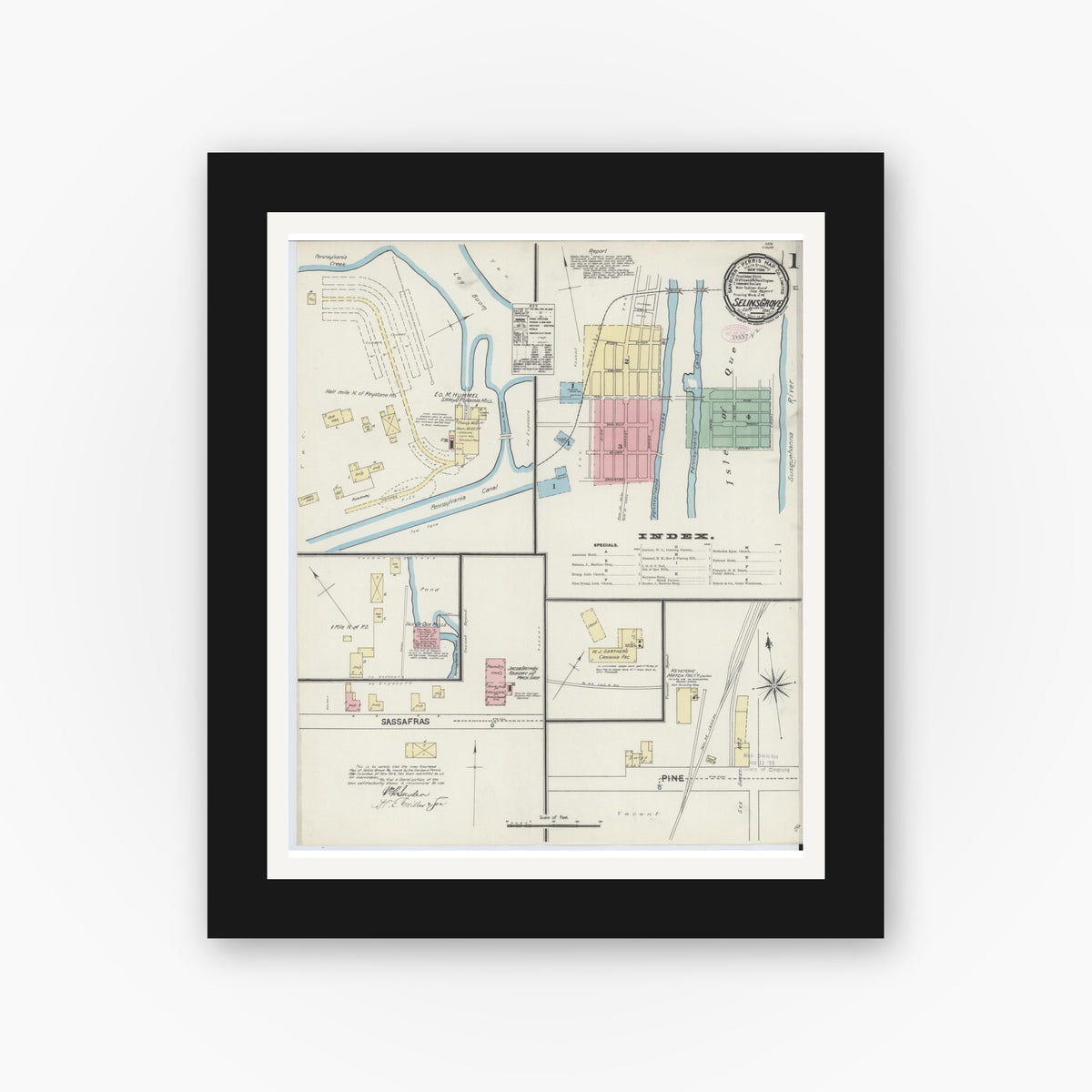 Old map wall art mockup — black gallery frame with white mat — Sanborn Fire Insurance Map from Selins Grove, Snyder County, Pennsylvania (1890) - Complete Map Set