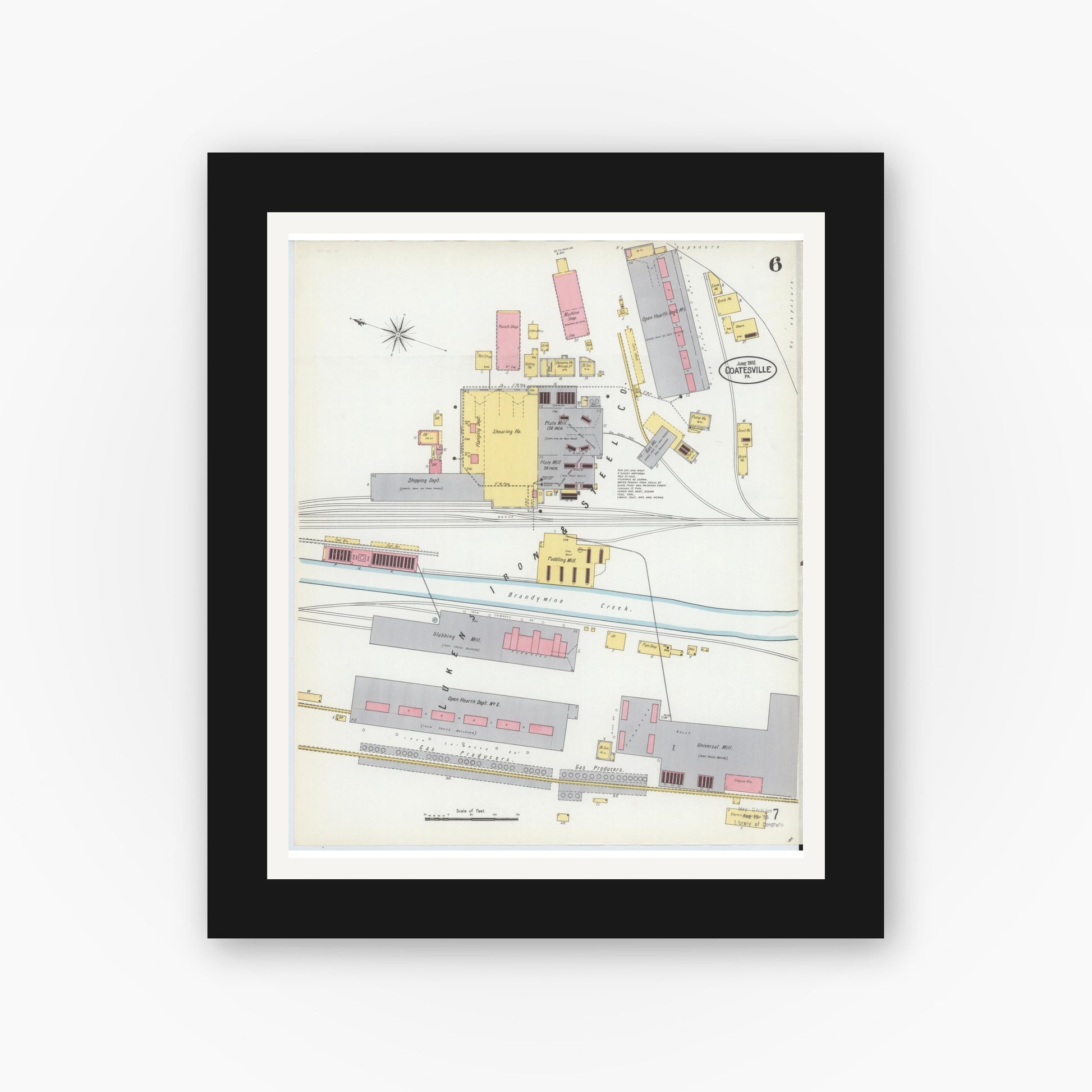 Old map wall art mockup — black gallery frame with white mat — Sanborn Fire Insurance Map from Coatesville, Chester County, Pennsylvania (1902), Sheet #0006