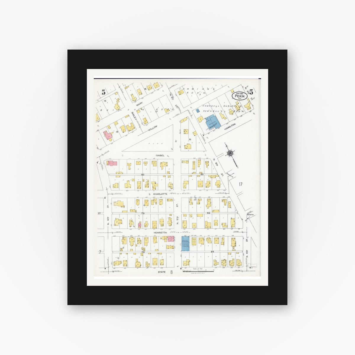 Old map wall art mockup — black gallery frame with white mat — Sanborn Fire Insurance Map from Pekin, Tazewell County, Illinois (1925), Sheet #0005