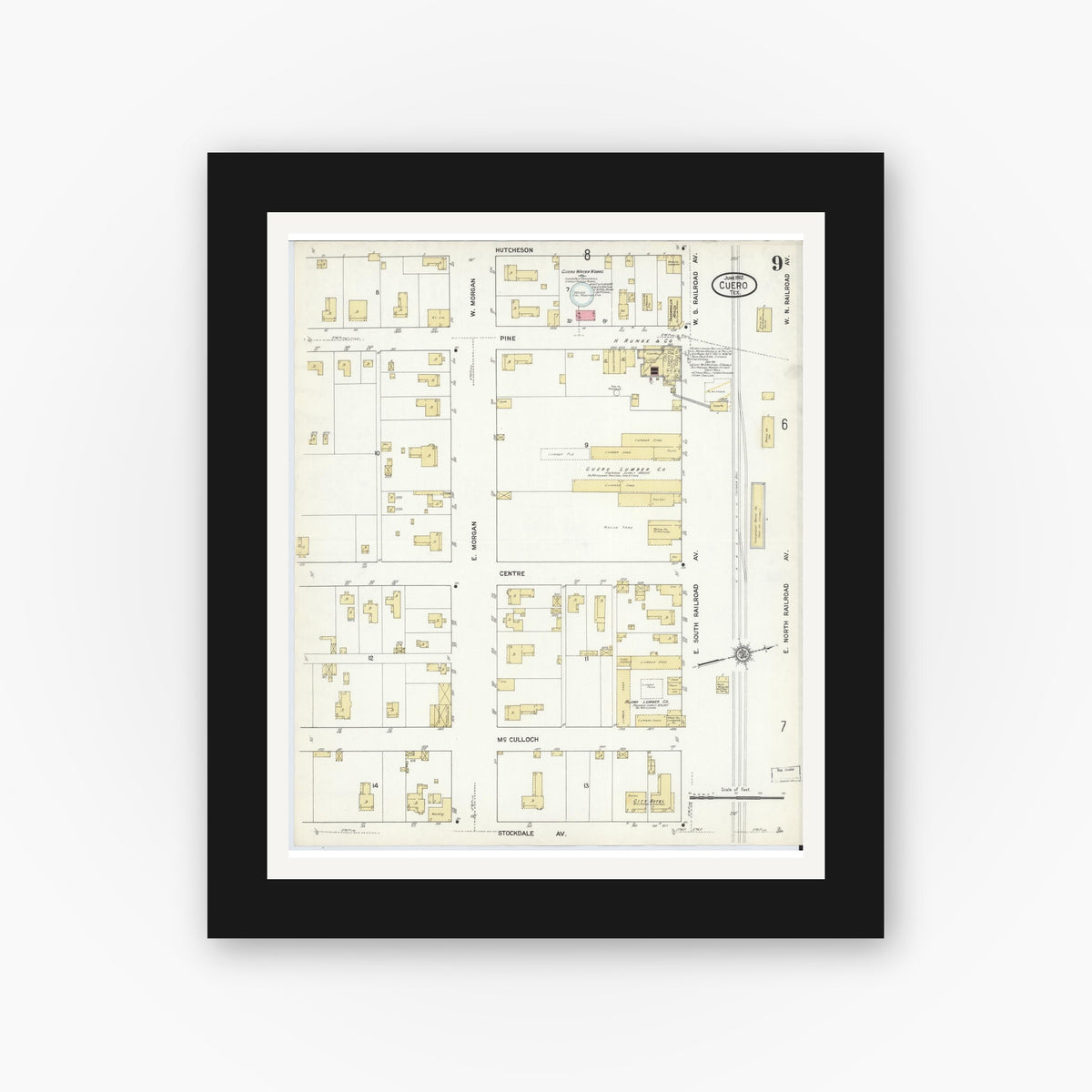 Old map wall art mockup — black gallery frame with white mat — Sanborn Fire Insurance Map from Cuero, De Witt County, Texas (1912), Sheet #0009
