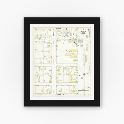 Old map wall art mockup — black gallery frame with white mat — Sanborn Fire Insurance Map from Cuero, De Witt County, Texas (1912), Sheet #0009