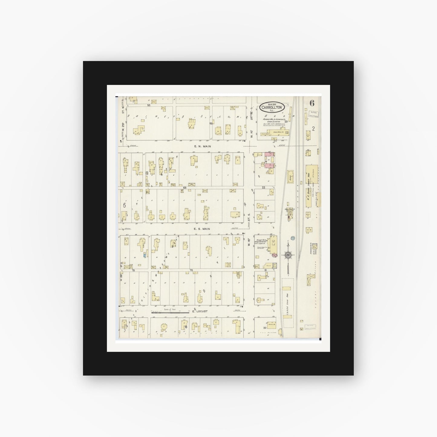 Old map wall art mockup — black gallery frame with white mat — Sanborn Fire Insurance Map from Carrollton, Greene County, Illinois (1914), Sheet #0006