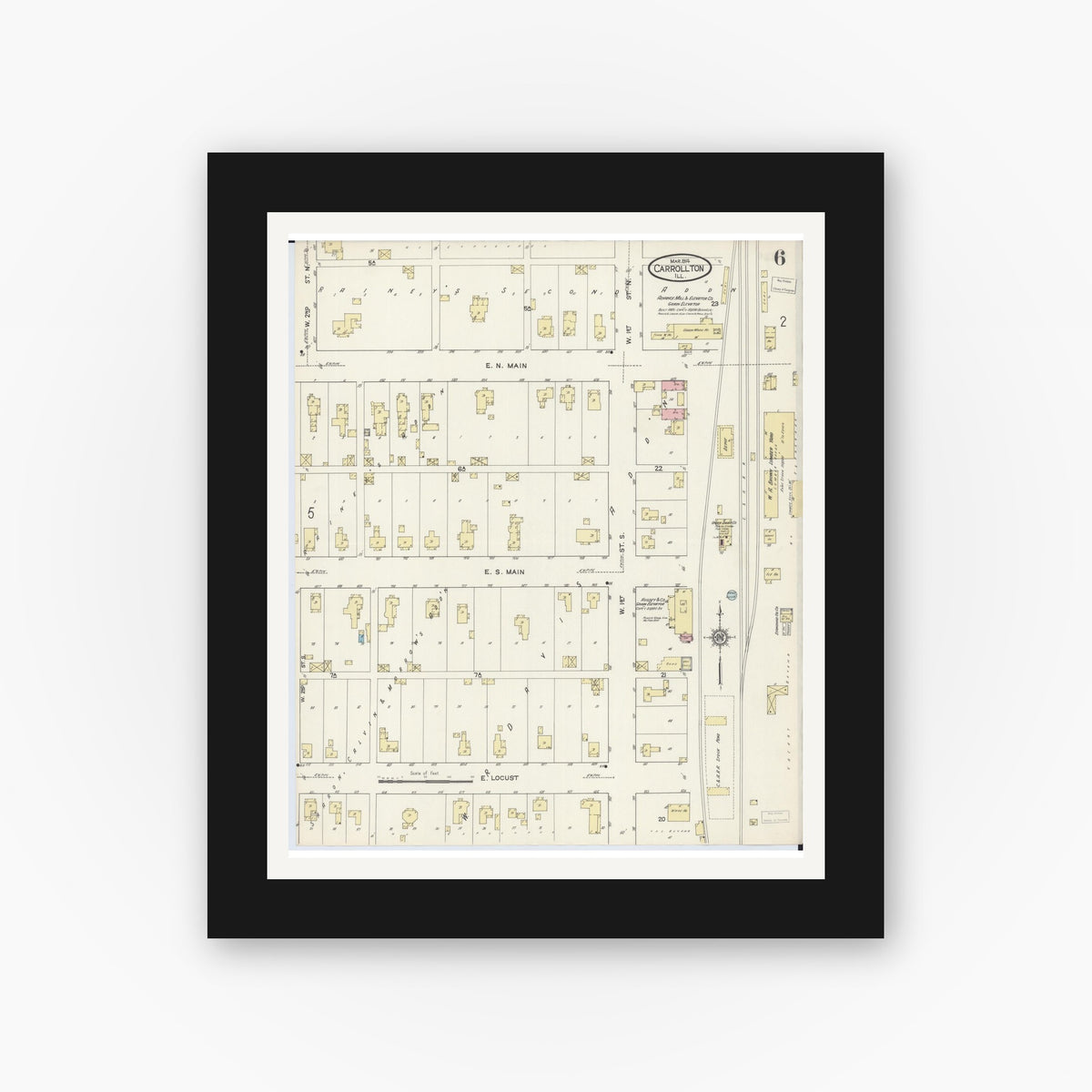 Old map wall art mockup — black gallery frame with white mat — Sanborn Fire Insurance Map from Carrollton, Greene County, Illinois (1914), Sheet #0006