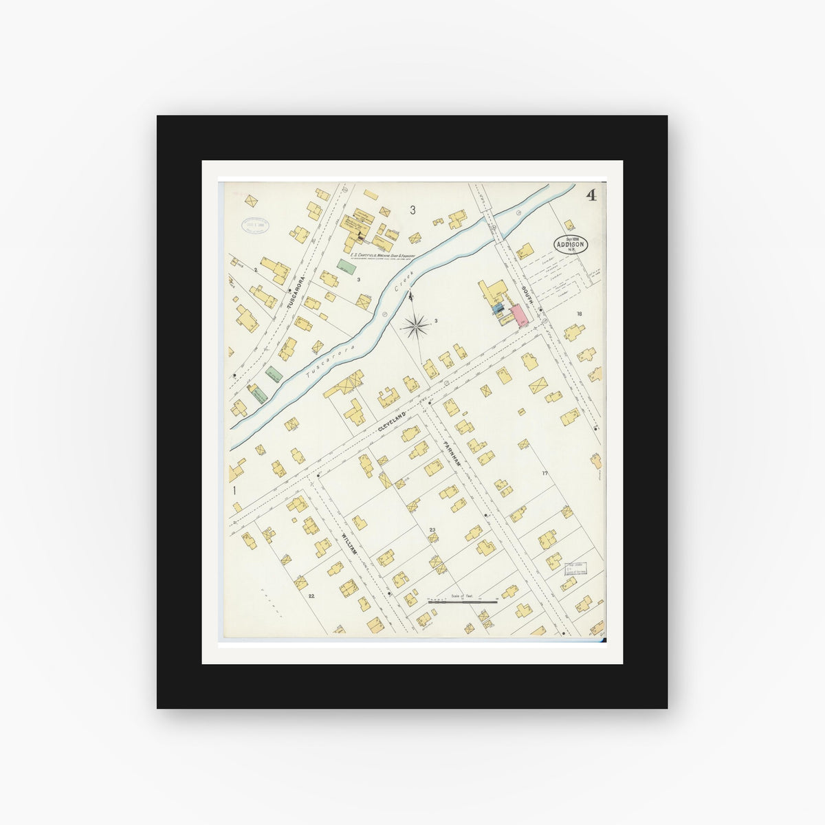 Old map wall art mockup — black gallery frame with white mat — Sanborn Fire Insurance Map from Addison, Steuben County, New York (1898), Sheet #0004