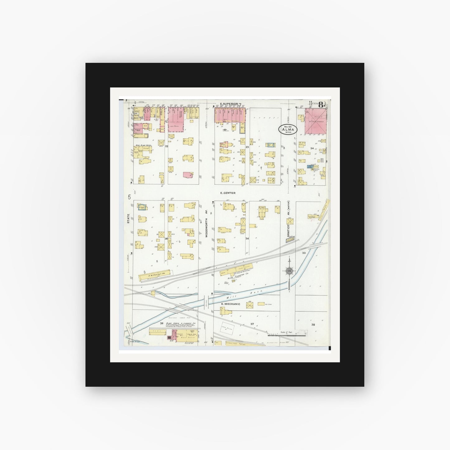 Old map wall art mockup — black gallery frame with white mat — Sanborn Fire Insurance Map from Alma, Gratiot County, Michigan (1910), Sheet #0008