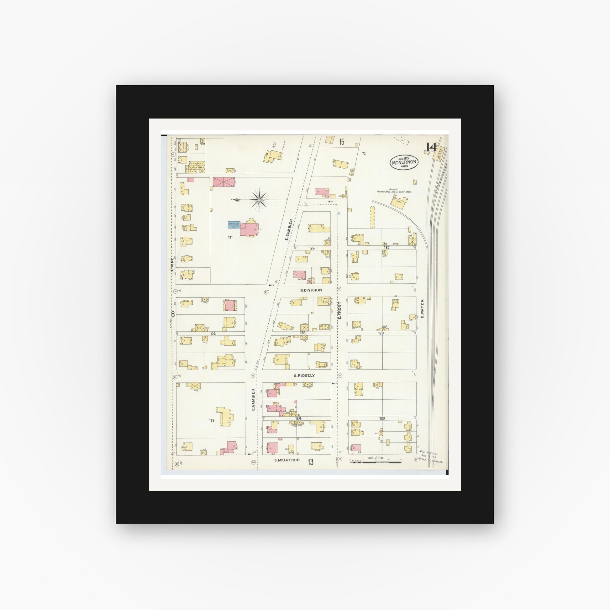 Old map wall art mockup — black gallery frame with white mat — Sanborn Fire Insurance Map from Mount Vernon, Knox County, Ohio (1903), Sheet #0014